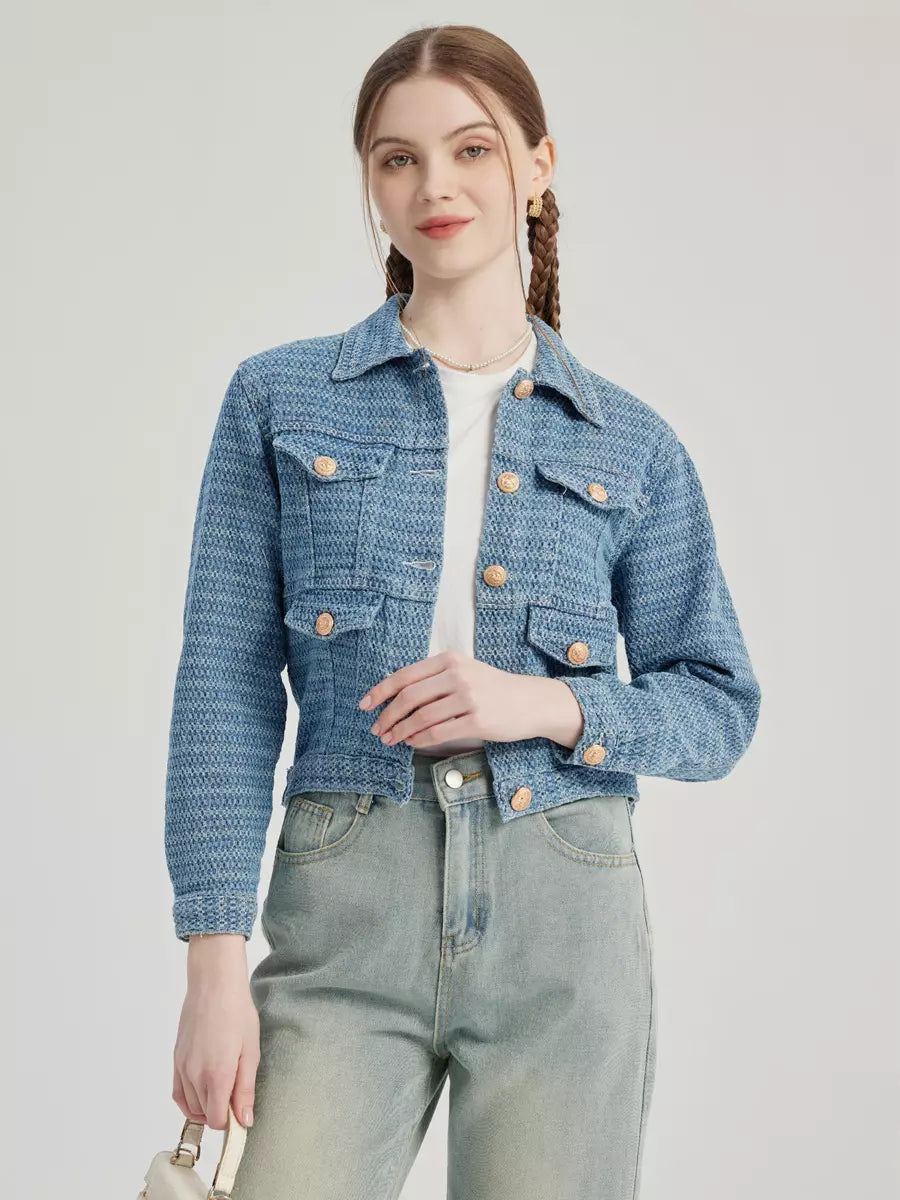 Elegant Turndown Collar Polyester Front Button Crop Jacket