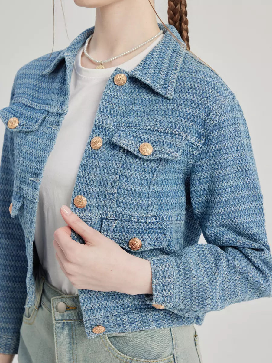 Elegant Turndown Collar Polyester Front Button Crop Jacket