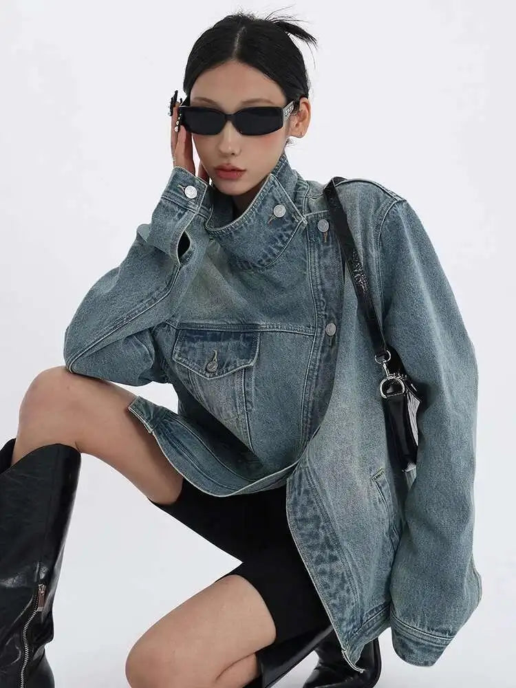 Elegant Turtleneck Single Breasted Full Sleeve Patchwork Jacket