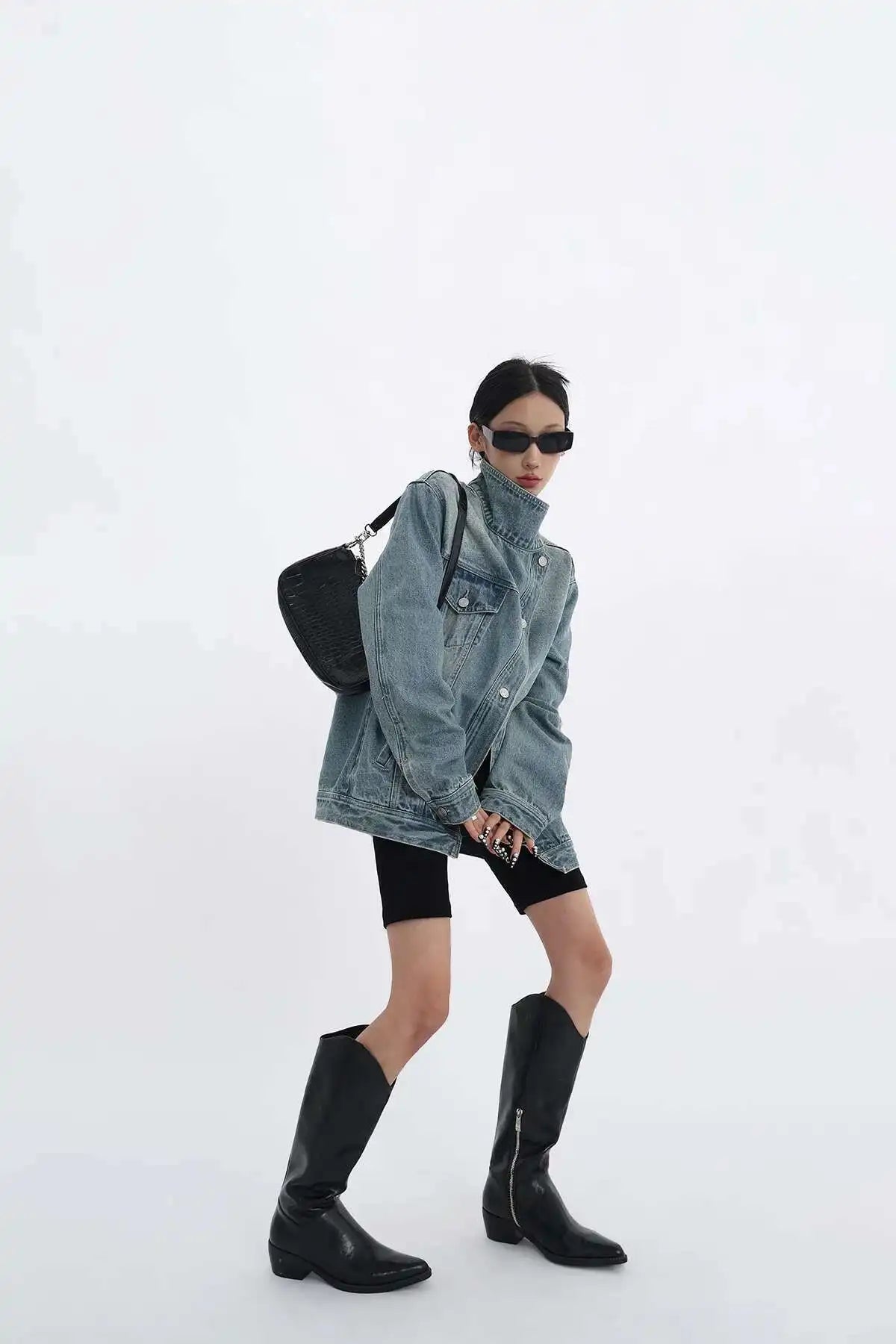 Elegant Turtleneck Single Breasted Full Sleeve Patchwork Jacket