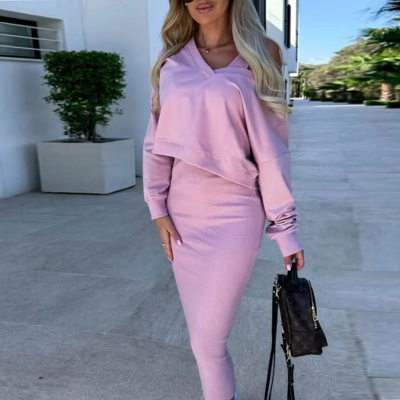 Elegant  V Neck Long Sleeve Sweatshirts Two Piece Sets
