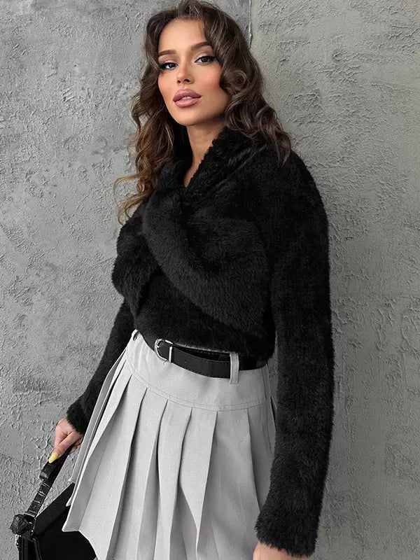 Elegant V-Neck Long Sleeves Faux Fur Raised Daily Casual Sweaters