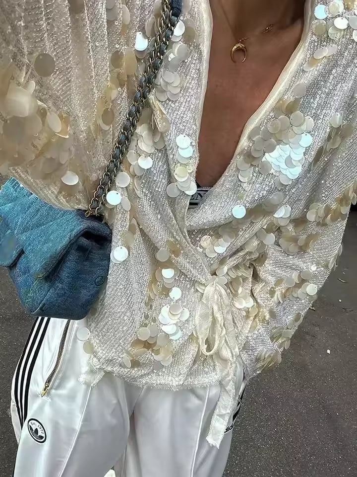 Elegant V-neck Long Sleeve Shining Lace Up Jackets