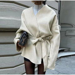 Elegant V-neck Long Sleeve Solid Lace Up Fleece Coat Outerwear
