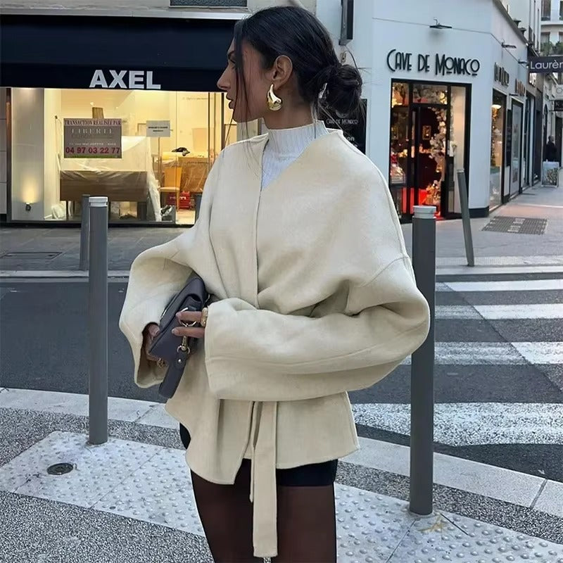 Elegant V-neck Long Sleeve Solid Lace Up Fleece Coat Outerwear