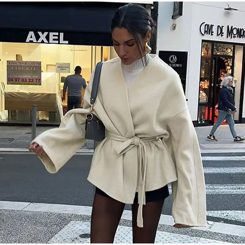 Elegant V-neck Long Sleeve Solid Lace Up Fleece Coat Outerwear
