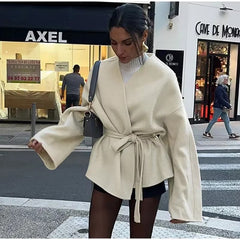 Elegant V-neck Long Sleeve Solid Lace Up Fleece Coat Outerwear