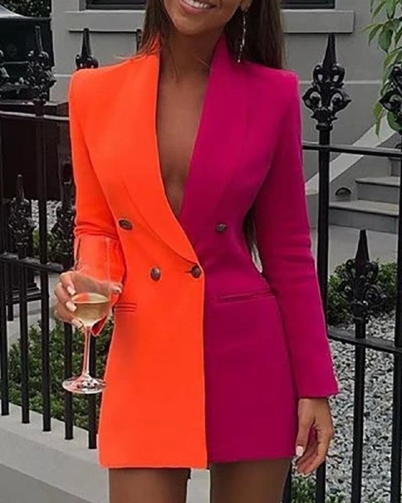 Elegant V-neck Patchwork Slim OL Double Breasted Blazer
