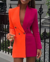 Elegant V-neck Patchwork Slim OL Double Breasted Blazer