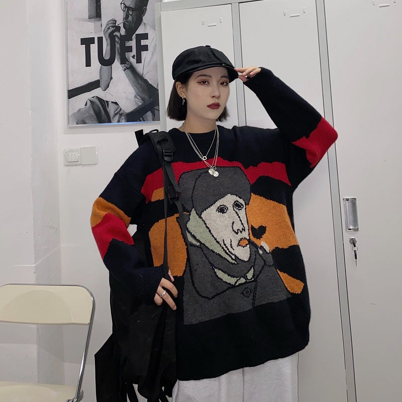 Elegant Van Gogh Art Printing Loose Outer Wear Sweater