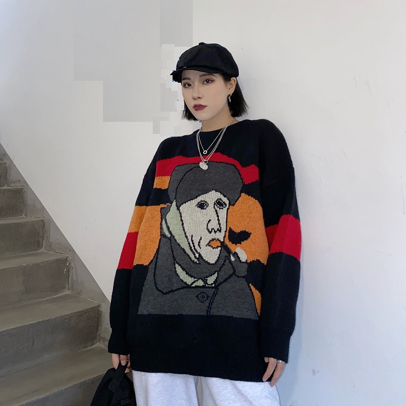 Elegant Van Gogh Art Printing Loose Outer Wear Sweater