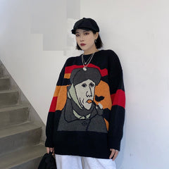 Elegant Van Gogh Art Printing Loose Outer Wear Sweater