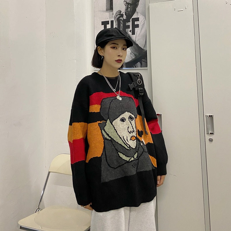 Elegant Van Gogh Art Printing Loose Outer Wear Sweater