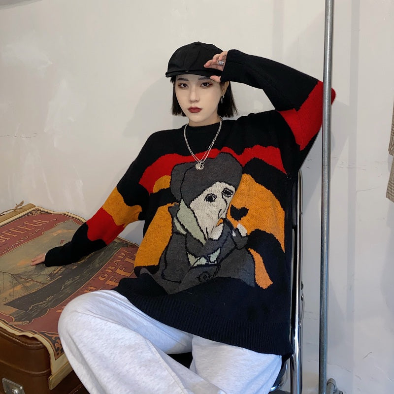 Elegant Van Gogh Art Printing Loose Outer Wear Sweater