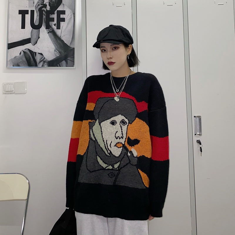 Elegant Van Gogh Art Printing Loose Outer Wear Sweater