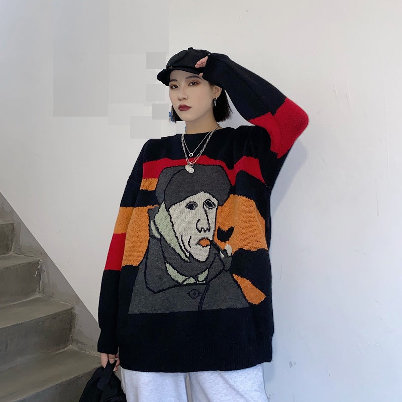 Elegant Van Gogh Art Printing Loose Outer Wear Sweater