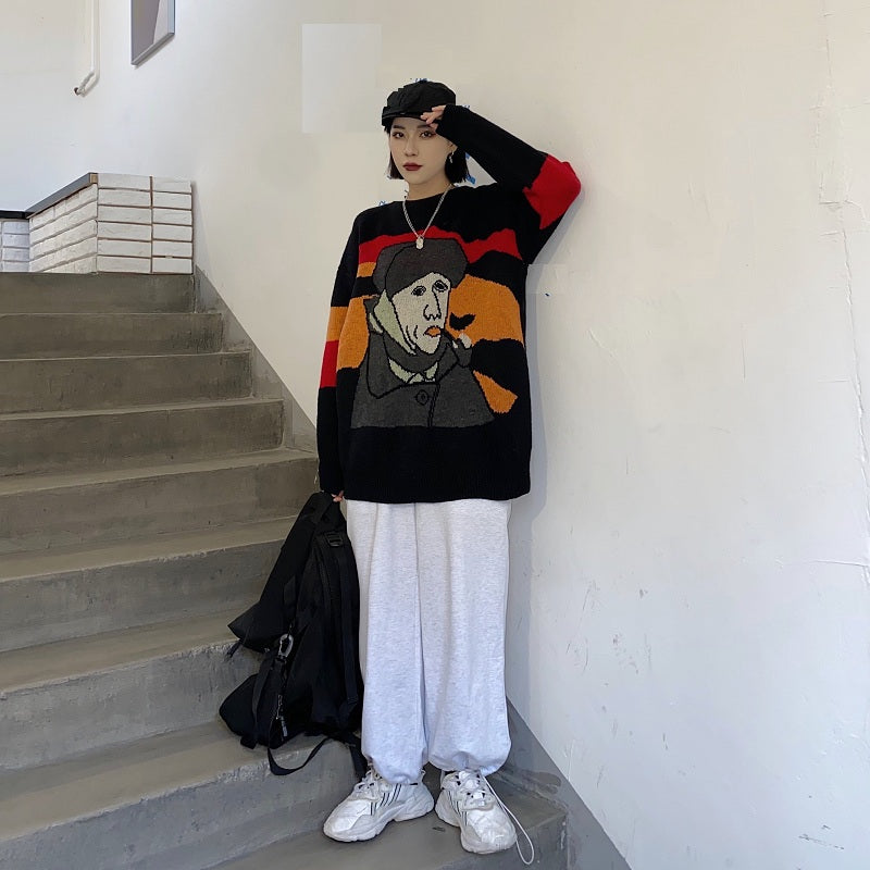Elegant Van Gogh Art Printing Loose Outer Wear Sweater