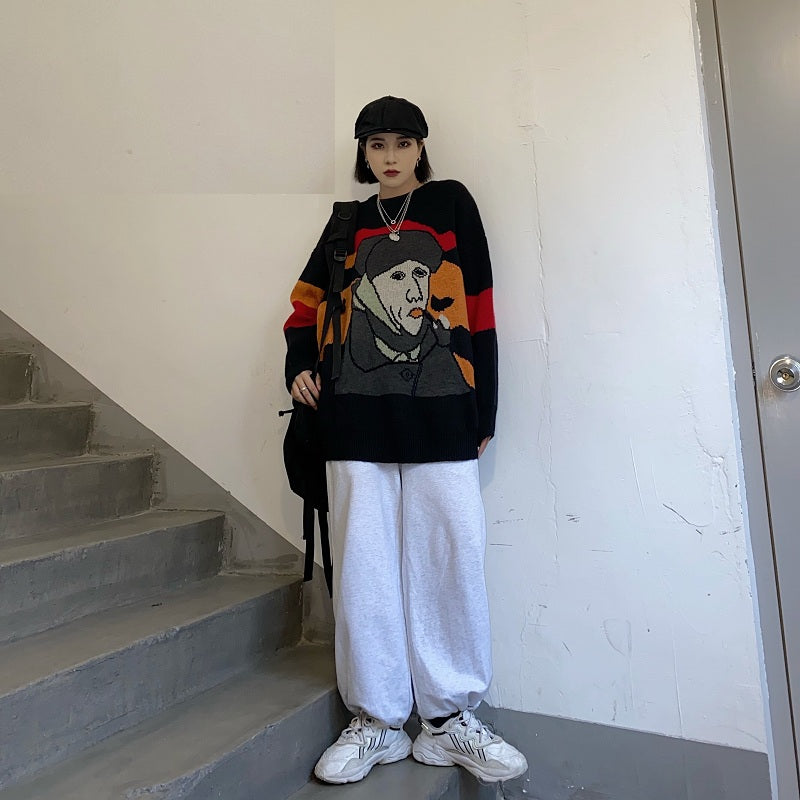 Elegant Van Gogh Art Printing Loose Outer Wear Sweater