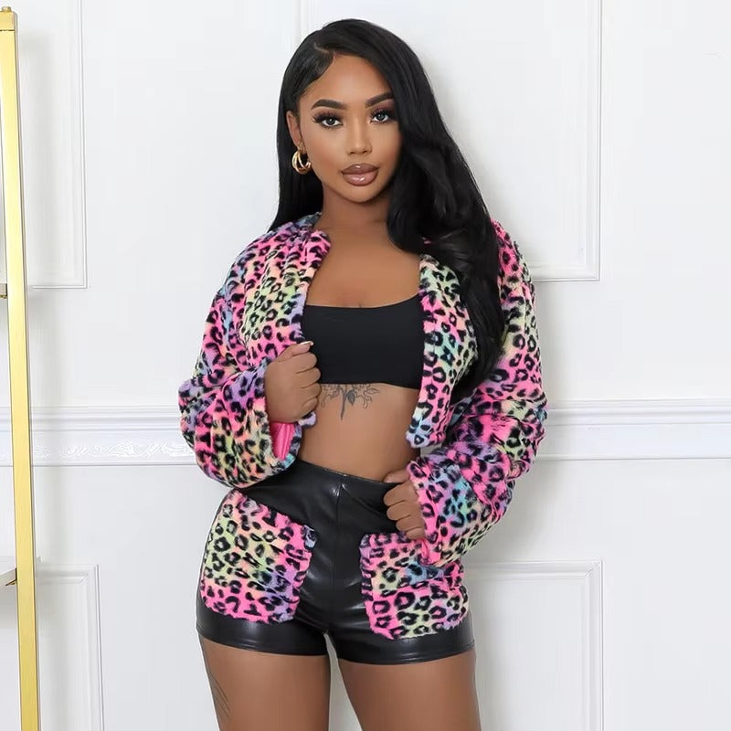 Elegant Warm Thick Crop Jackets Slim PU Shorts 2 Piece Set
