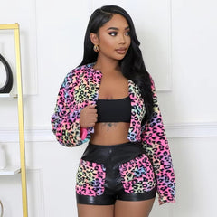 Elegant Warm Thick Crop Jackets Slim PU Shorts 2 Piece Set