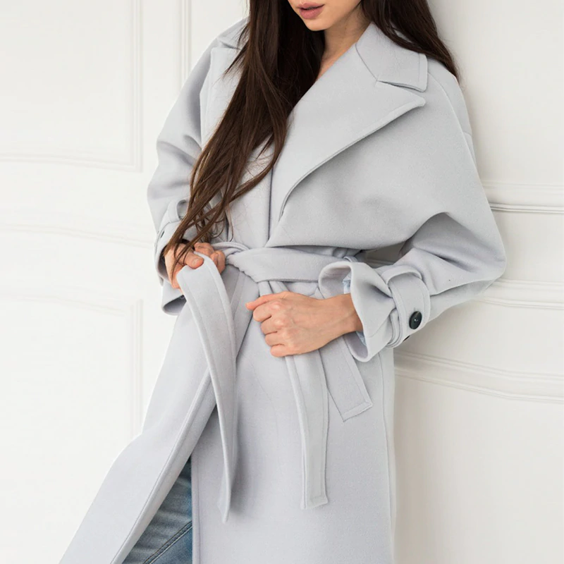 Elegant long coat Office lady off shoulder sleeve overcoat