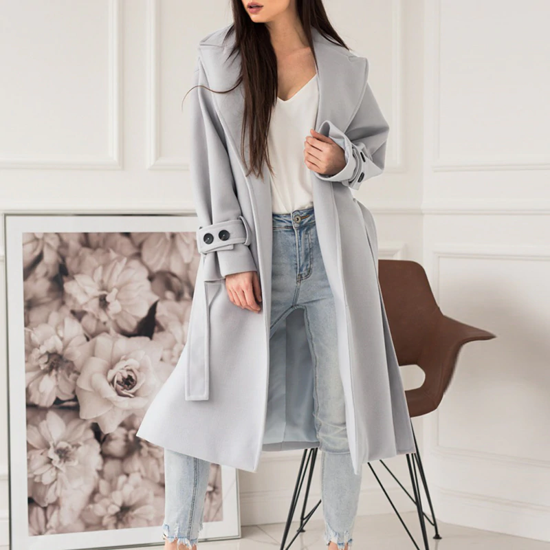 Elegant long coat Office lady off shoulder sleeve overcoat