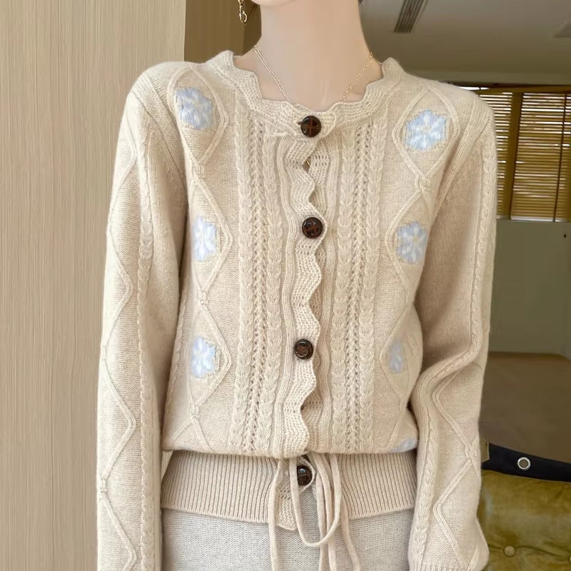 Elegant temperament three-dimensional embroidered lace collar cardigan sweater
