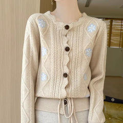 Elegant temperament three-dimensional embroidered lace collar cardigan sweater
