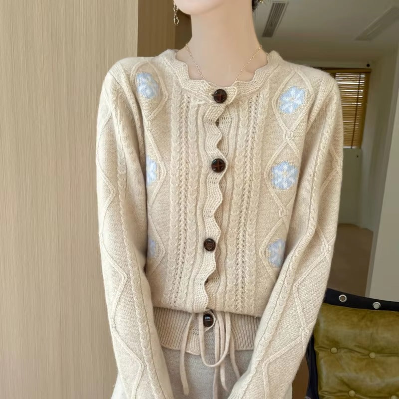 Elegant temperament three-dimensional embroidered lace collar cardigan sweater