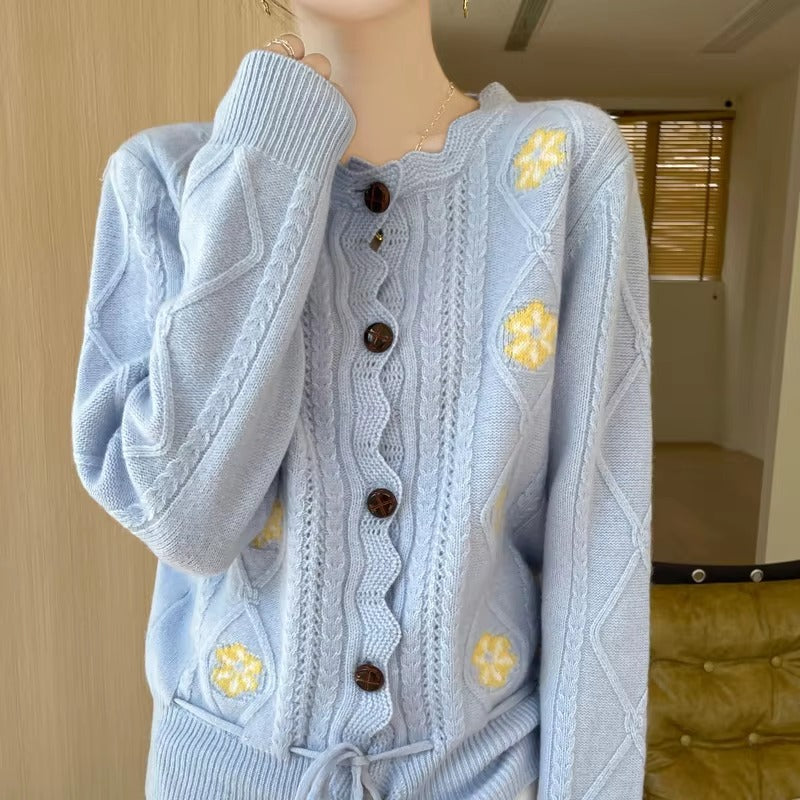 Elegant temperament three-dimensional embroidered lace collar cardigan sweater