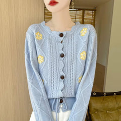 Elegant temperament three-dimensional embroidered lace collar cardigan sweater