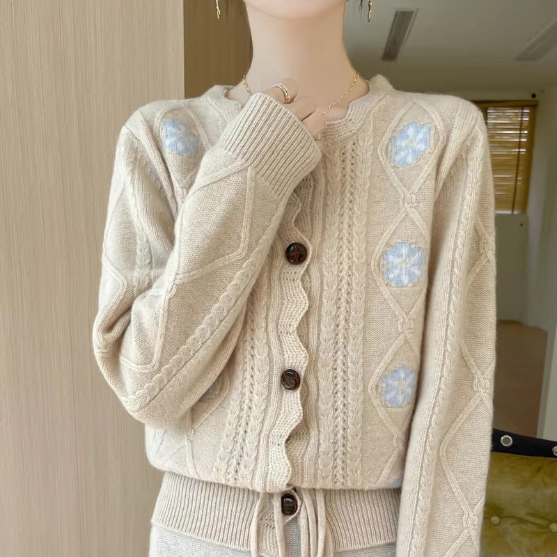 Elegant temperament three-dimensional embroidered lace collar cardigan sweater