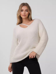 Embellished Collar Cut Out Long Sleeves Oversized Polyester Pullover Sweaters
