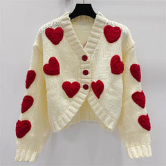 Embroidered heart-shaped long sleeved Elastic knit slim fit sweater