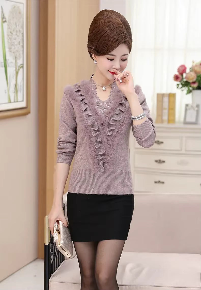 Embroidering Diamond Christmas Fur Sweater Pullover Jumper Tops