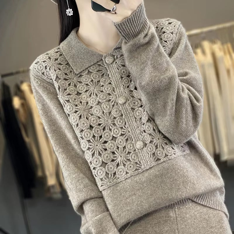 Embroidery Solid Color Single Breasted Loose Wool Knit Bottoming Polo Lapel Cashmere Sweater
