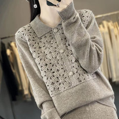 Embroidery Solid Color Single Breasted Loose Wool Knit Bottoming Polo Lapel Cashmere Sweater
