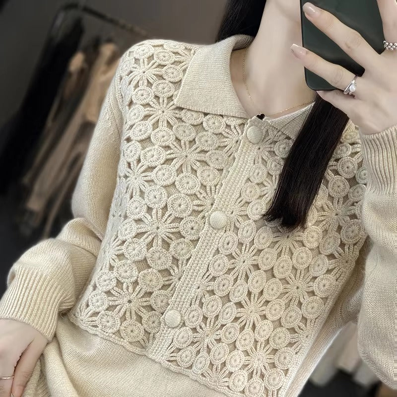 Embroidery Solid Color Single Breasted Loose Wool Knit Bottoming Polo Lapel Cashmere Sweater