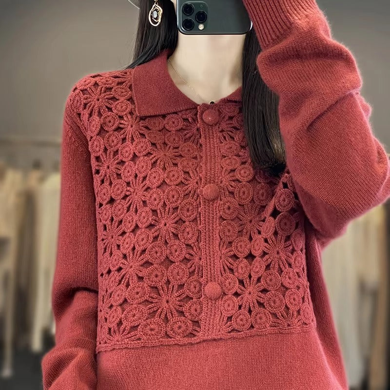 Embroidery Solid Color Single Breasted Loose Wool Knit Bottoming Polo Lapel Cashmere Sweater
