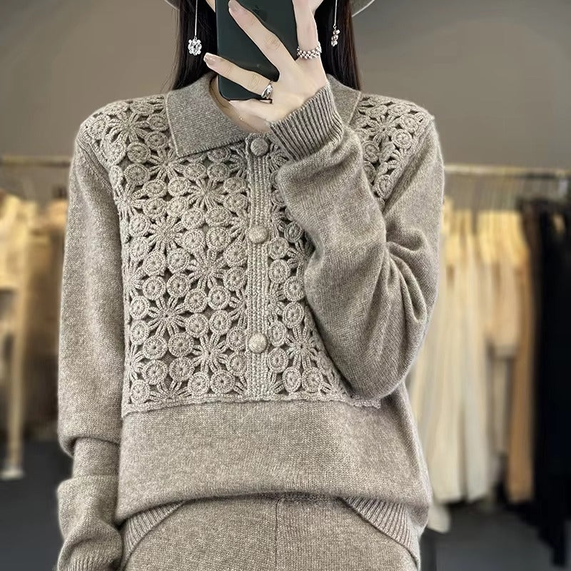 Embroidery Solid Color Single Breasted Loose Wool Knit Bottoming Polo Lapel Cashmere Sweater