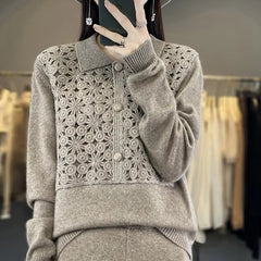 Embroidery Solid Color Single Breasted Loose Wool Knit Bottoming Polo Lapel Cashmere Sweater
