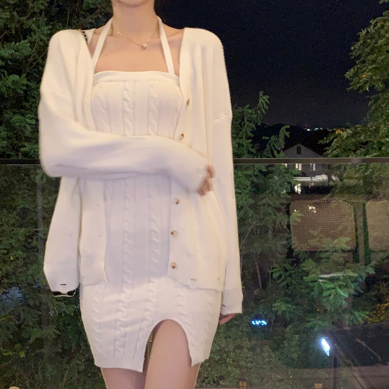 Fashion Cardigan Knitting Sweater and Sexy Sling Mini Dress Set