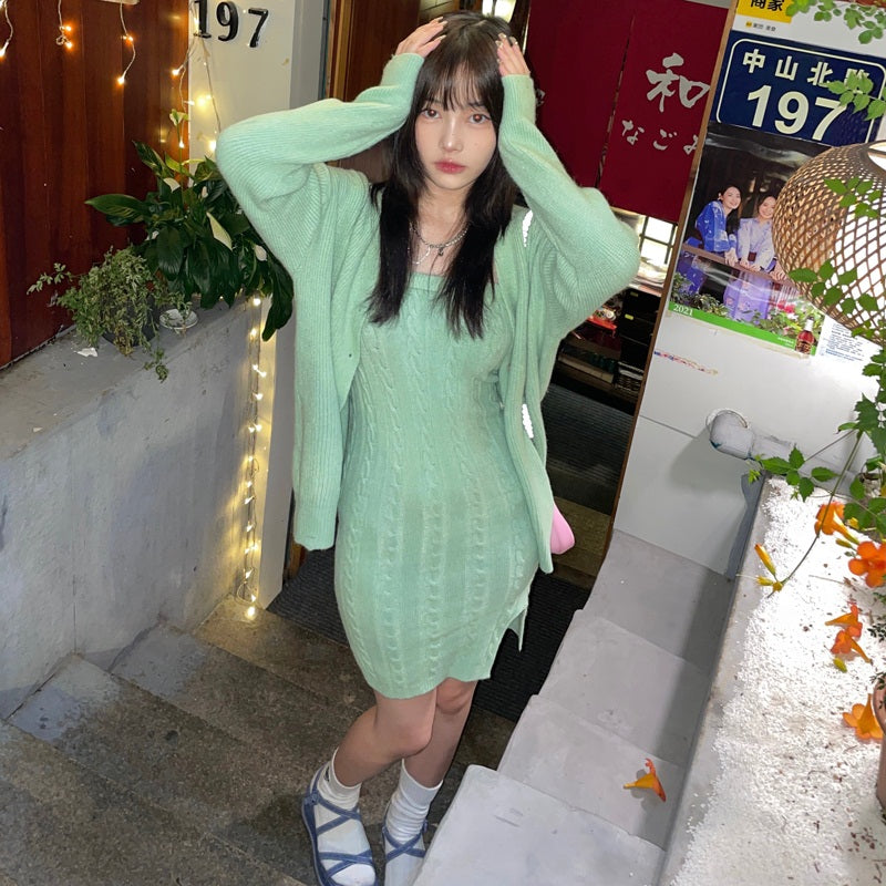 Fashion Cardigan Knitting Sweater and Sexy Sling Mini Dress Set