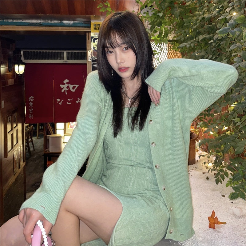 Fashion Cardigan Knitting Sweater and Sexy Sling Mini Dress Set