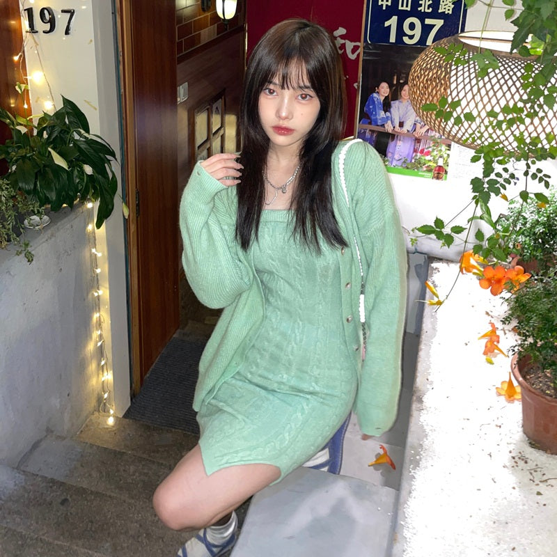 Fashion Cardigan Knitting Sweater and Sexy Sling Mini Dress Set