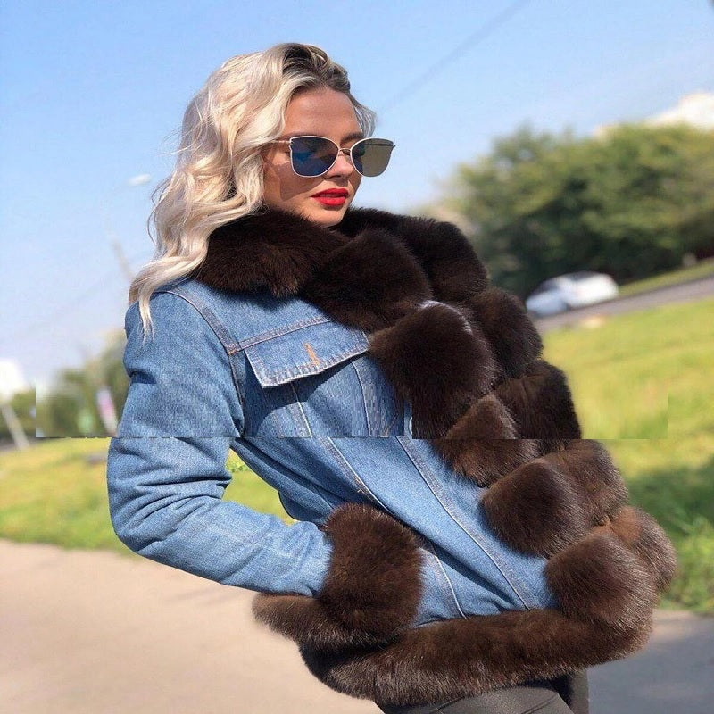 Fashion Casual Warm Genuine Fox Fur Collar Jacket