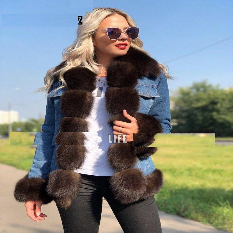 Fashion Casual Warm Genuine Fox Fur Collar Jacket