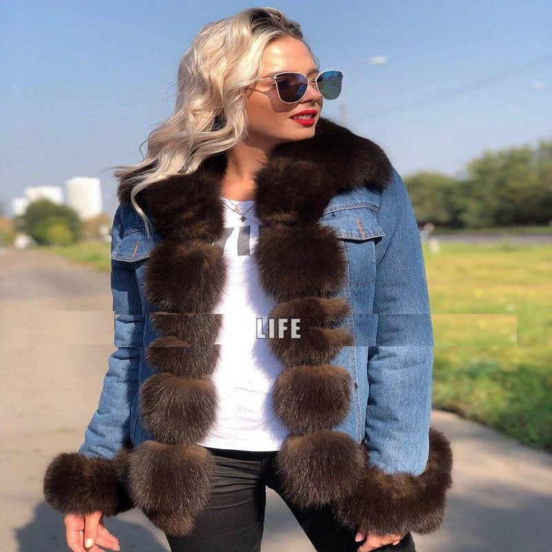 Fashion Casual Warm Genuine Fox Fur Collar Jacket