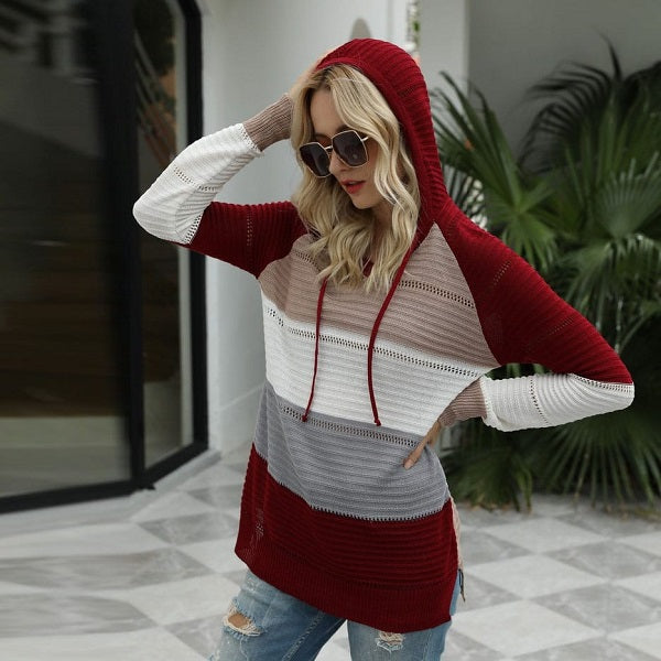 Fashion Contrast Color Hollow Out Hooded Knitwear