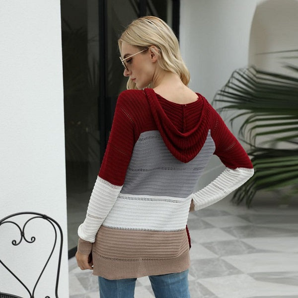 Fashion Contrast Color Hollow Out Hooded Knitwear